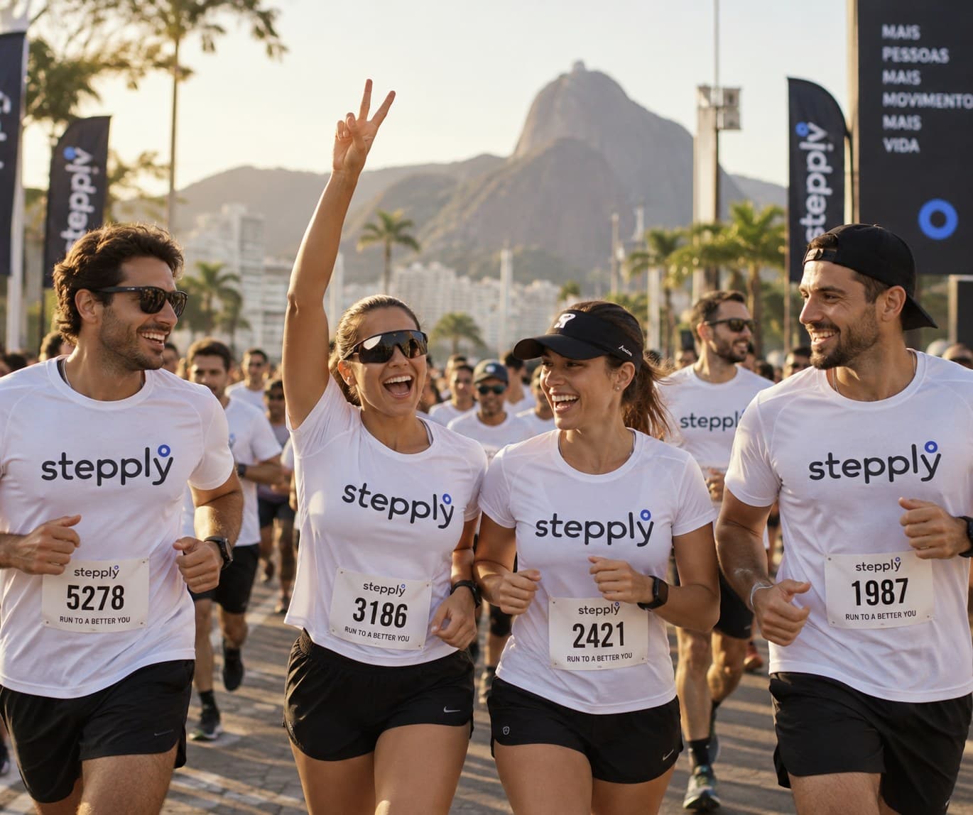 Group running in Stepply shirts at a running event